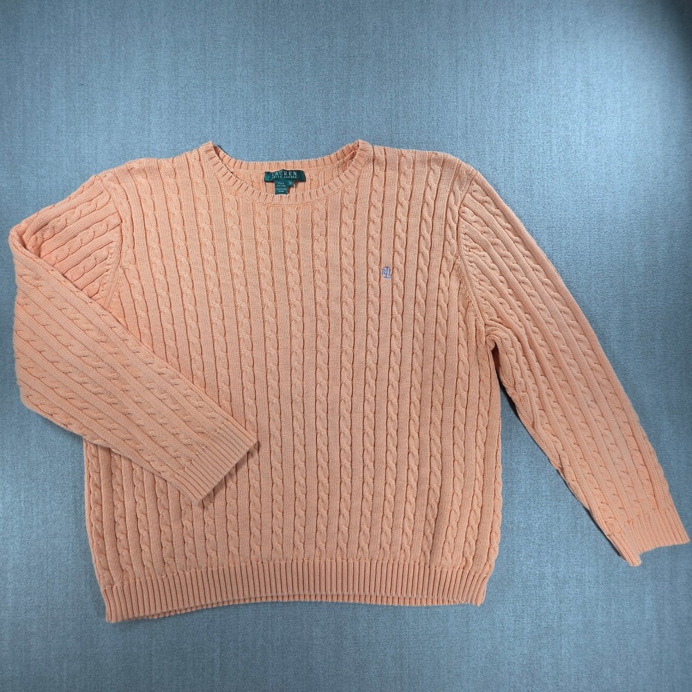 Lauren Ralph Lauren Sweater Womens 3X Peach Cable Knit Cotton Crew Neck RL Logo